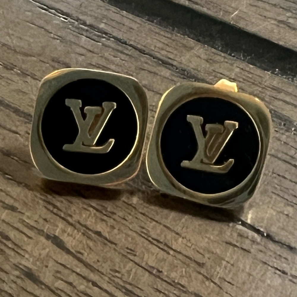 Louis Vuitton Gold and Black Earrings with Iconic LV Design